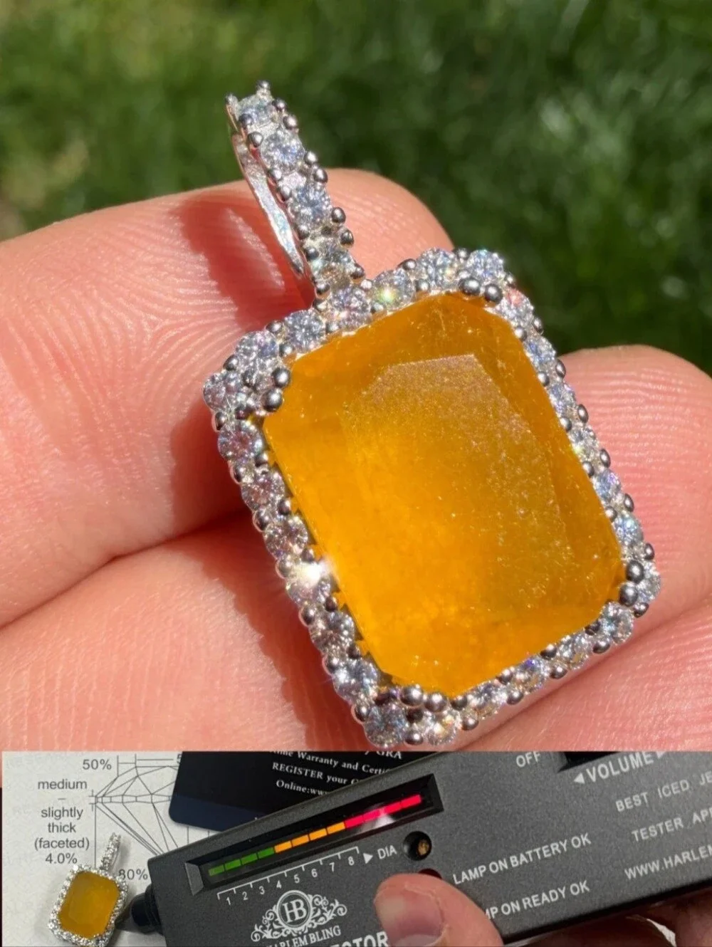 Iced Solid 925 Sterling Silver Natural Yellow Sapphire & Moissanite Pendant